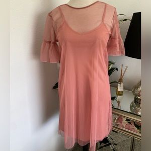 Rose pink baby doll dress. Sheer overlay on spaghetti strap fitted dress. Size 2